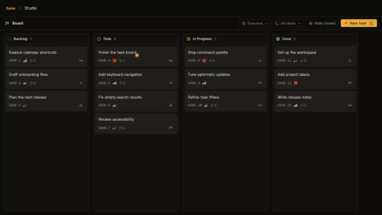 Sane's Studio sample board, with tasks arranged in Backlog, Todo, In Progress, and Done columns.