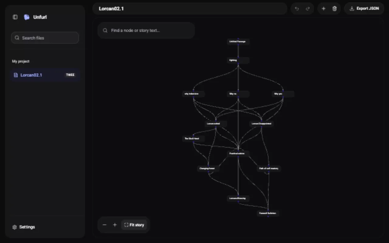 Unfurl showing the Lorcan sample dialogue as a branching graph, with connected story nodes and a project sidebar.